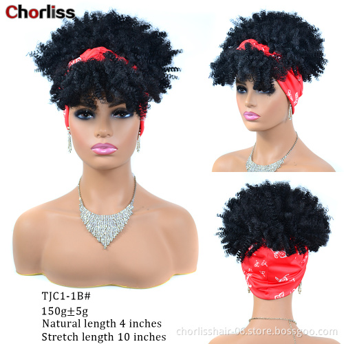 Wholesale Cheap Short Ombre Turban Wrap Wigs With Headband Heat Resistant Kinky Curly Synthetic Wig Attached For Black Women